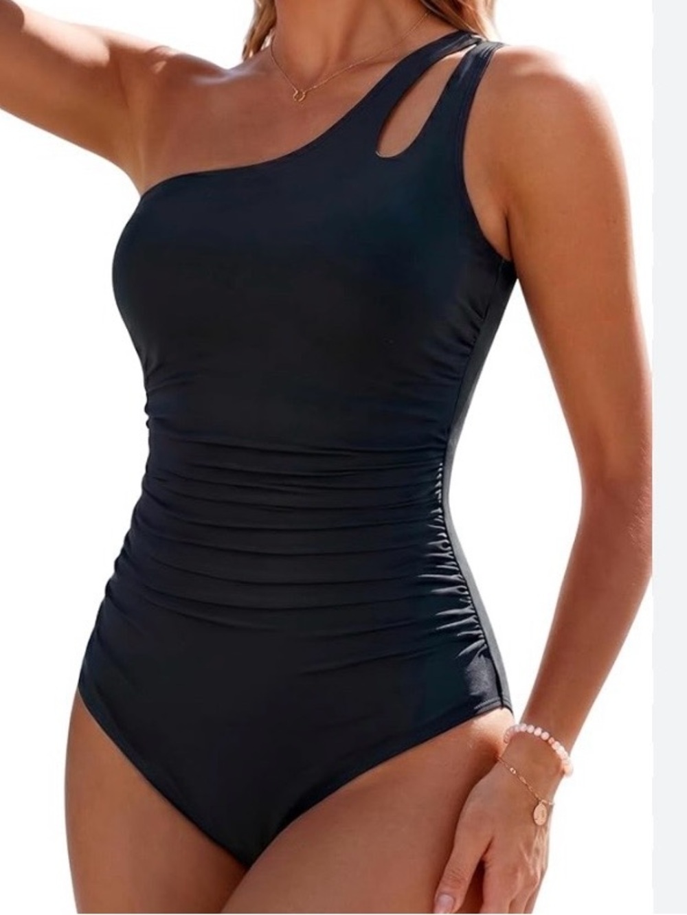 Holipick Black One Shoulder One Piece Swimsuit NWT Ruched Tummy Control Swimwear